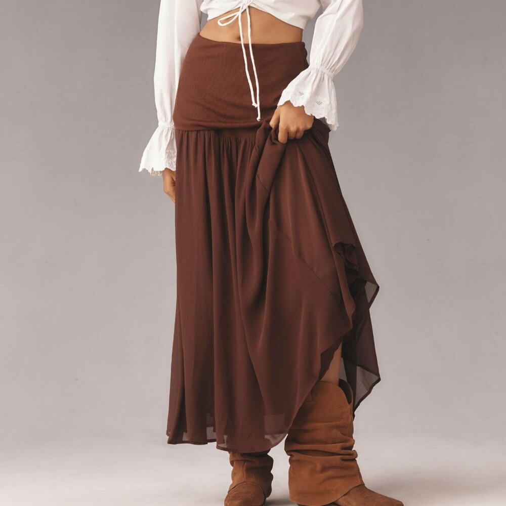 NWT Anthropologie Dropped Yoke Waist Maxi Skirt In Cocoa Brown Size L Capsule